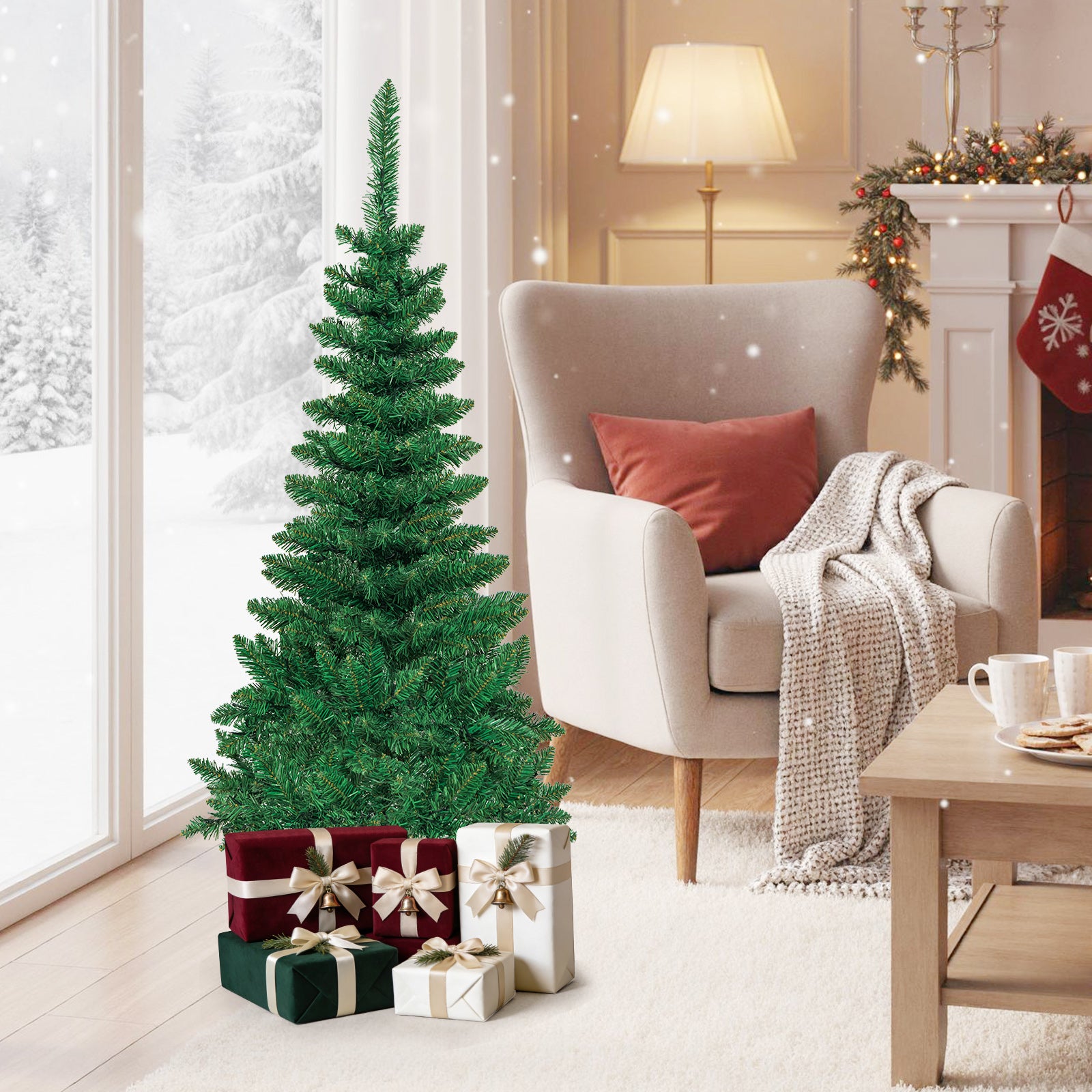 4.5 ft Pre-Lit Premium Hinged Artificial Fir Pencil Christmas Tree with LED Lights-Green