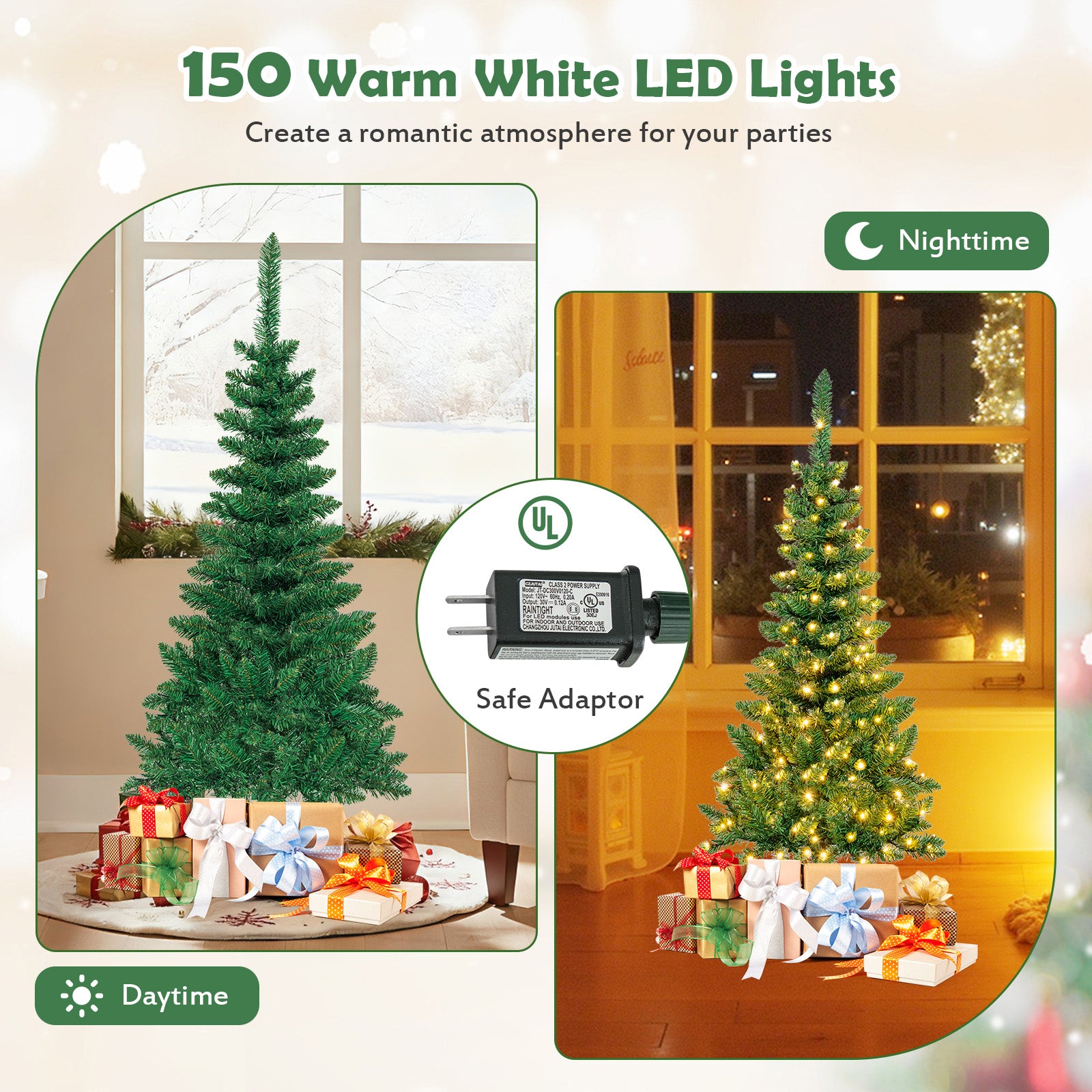 4.5 ft Pre-Lit Premium Hinged Artificial Fir Pencil Christmas Tree with LED Lights-Green