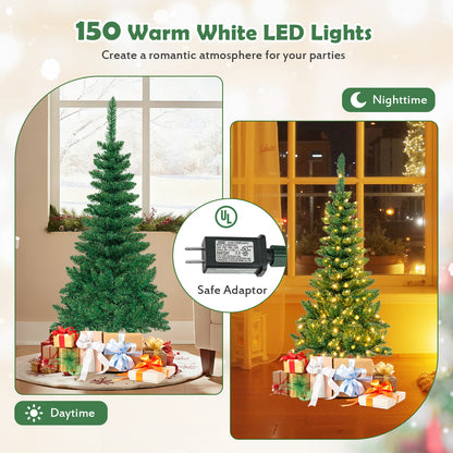 4.5 ft Pre-Lit Premium Hinged Artificial Fir Pencil Christmas Tree with LED Lights-Green