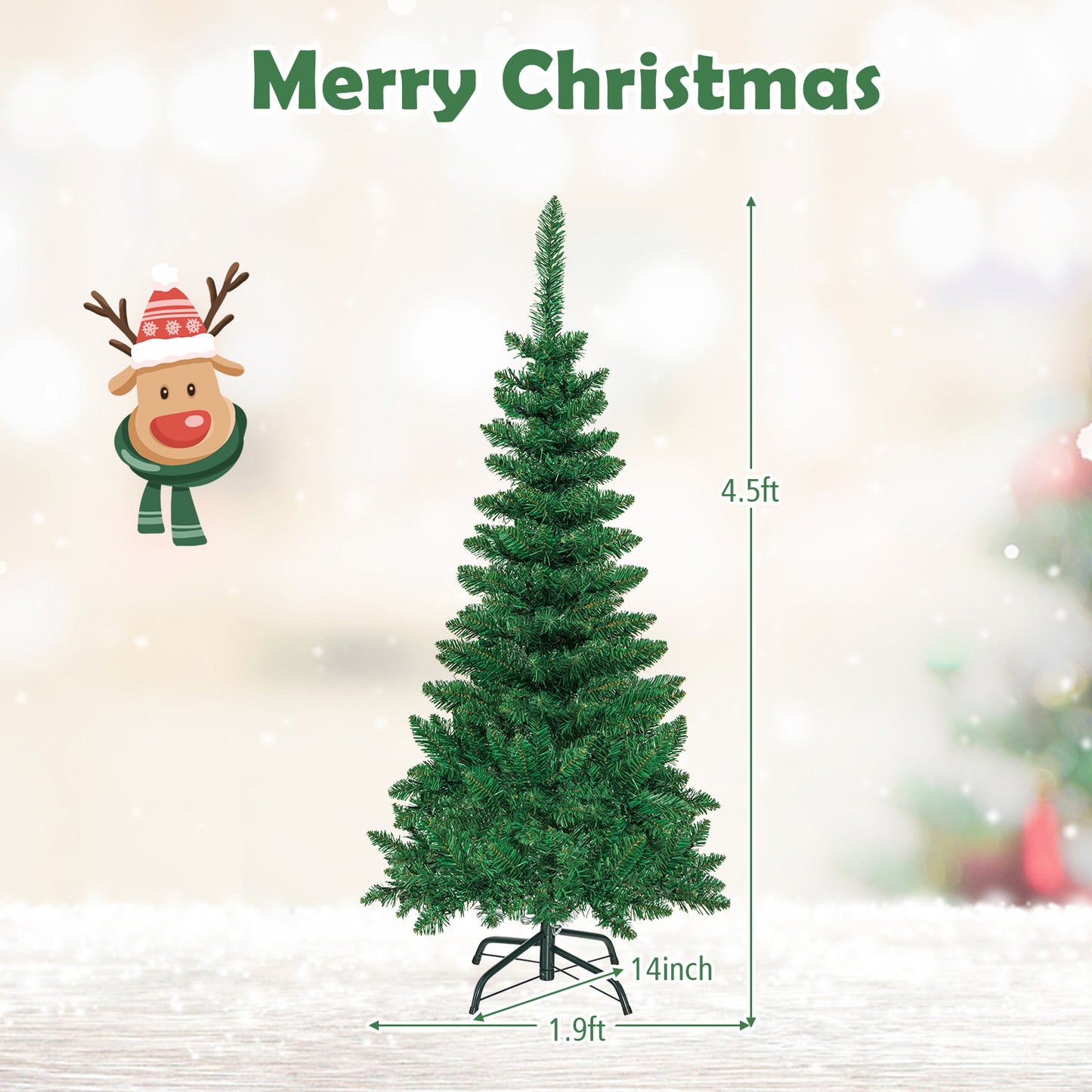 4.5 ft Pre-Lit Premium Hinged Artificial Fir Pencil Christmas Tree with LED Lights-Green