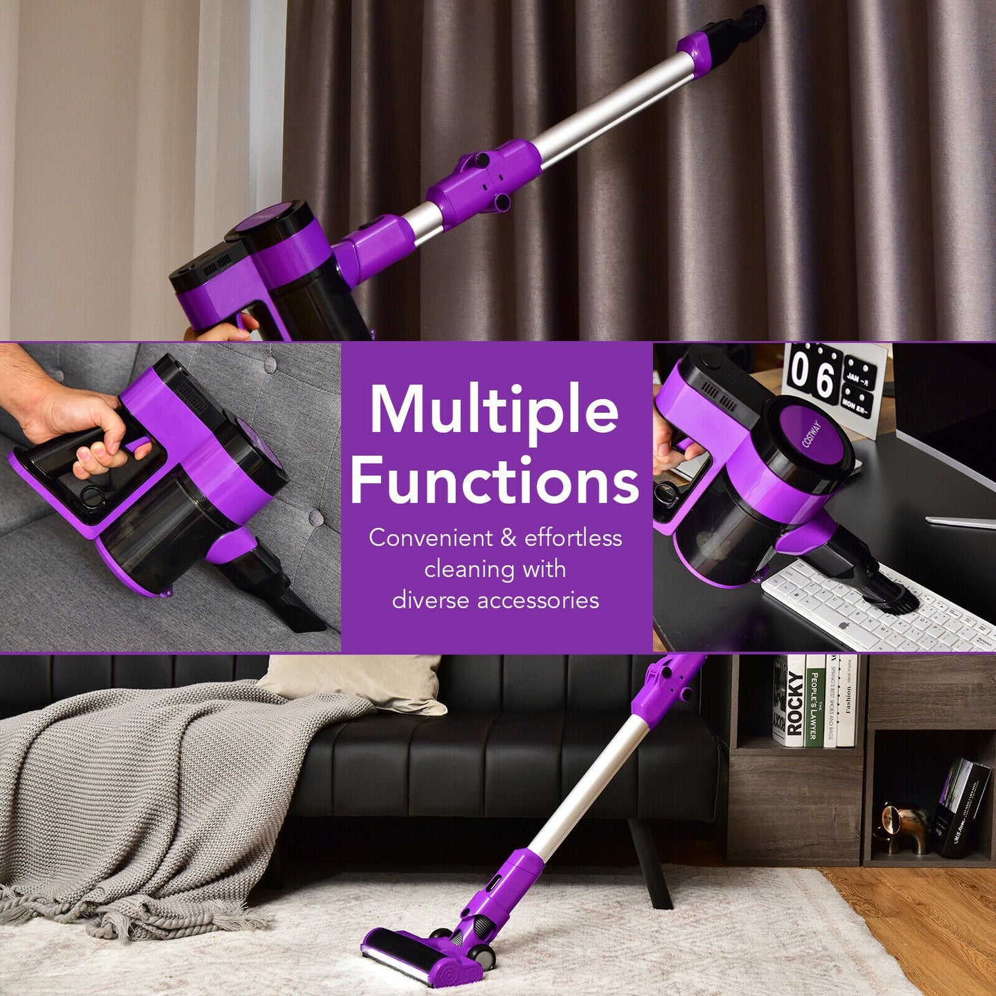 3-in-1 Handheld Cordless Stick Vacuum Cleaner with 6-cell Lithium Battery-Purple