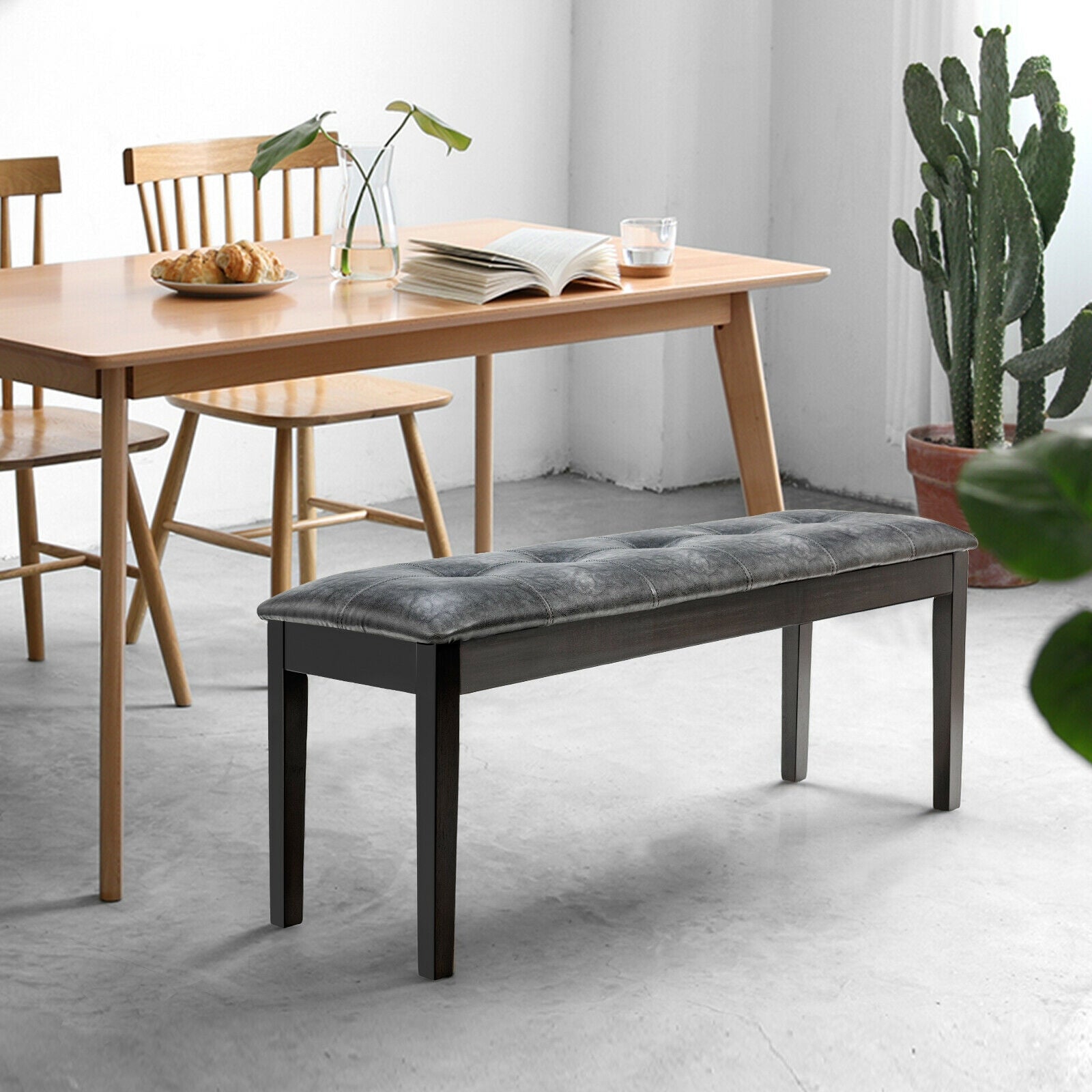 Upholstered Dining Room PU Bench Solid Wood Button Tufted-Gray