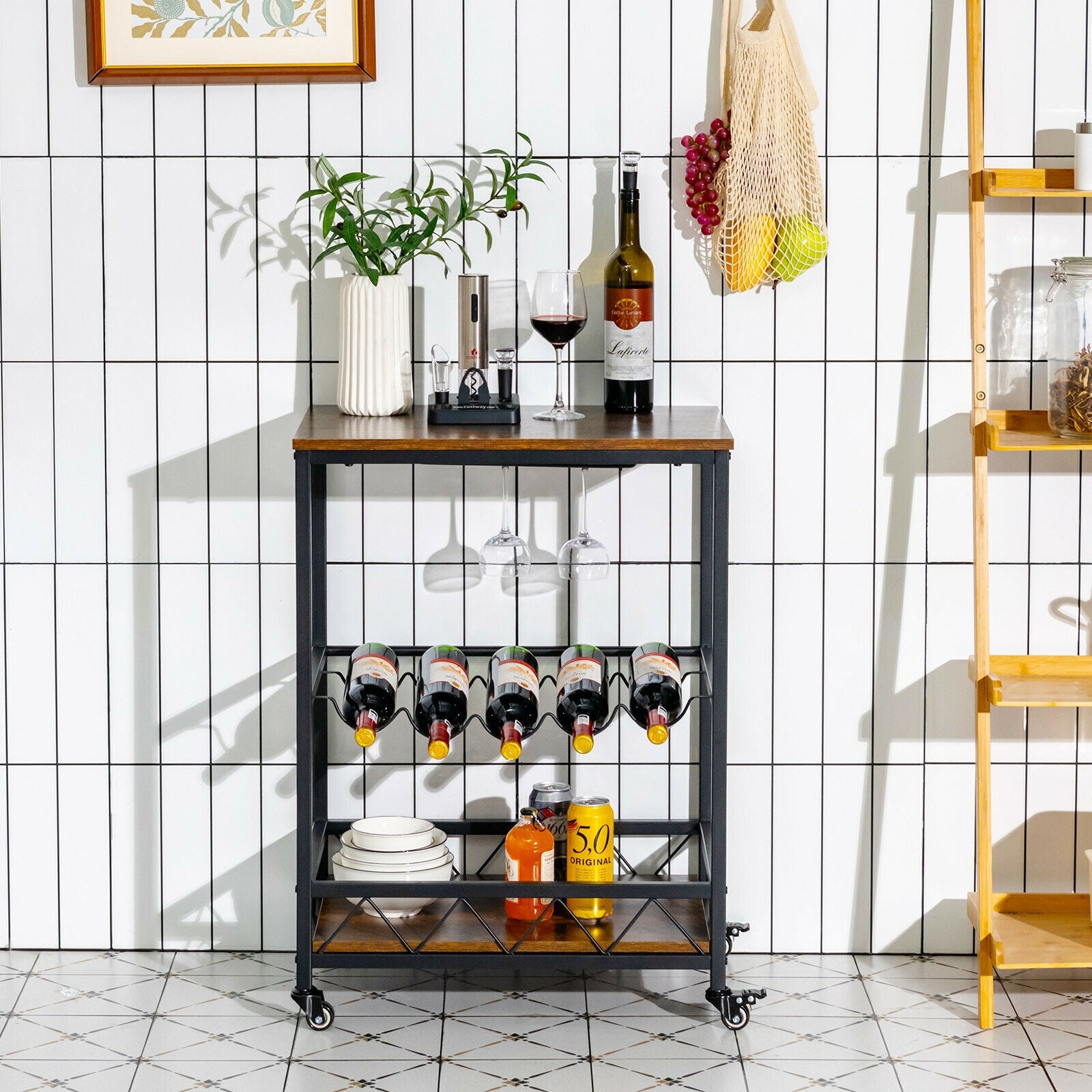 Kitchen Bar Cart Serving Trolley on Wheels with Wine Rack Glass Holder-Rustic Brown