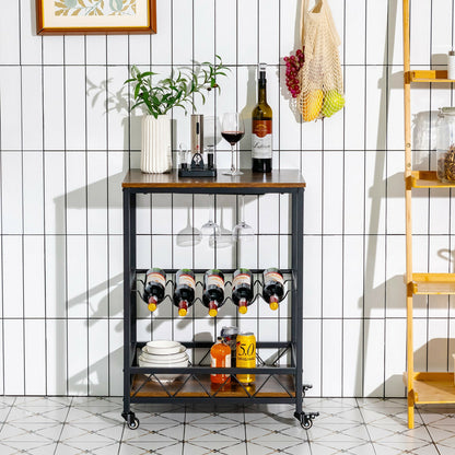 Kitchen Bar Cart Serving Trolley on Wheels with Wine Rack Glass Holder-Rustic Brown