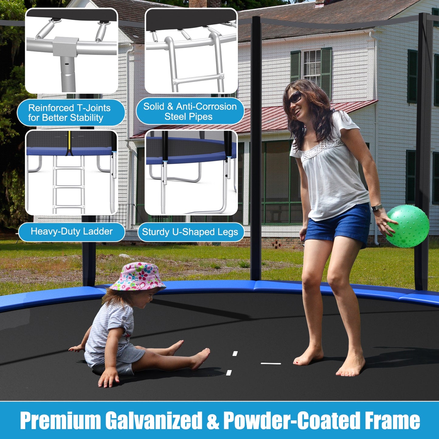 8/10/12/14/15/16Feet Outdoor Trampoline Bounce Combo with Safety Closure Net Ladder-15 ft - 14 Ft
