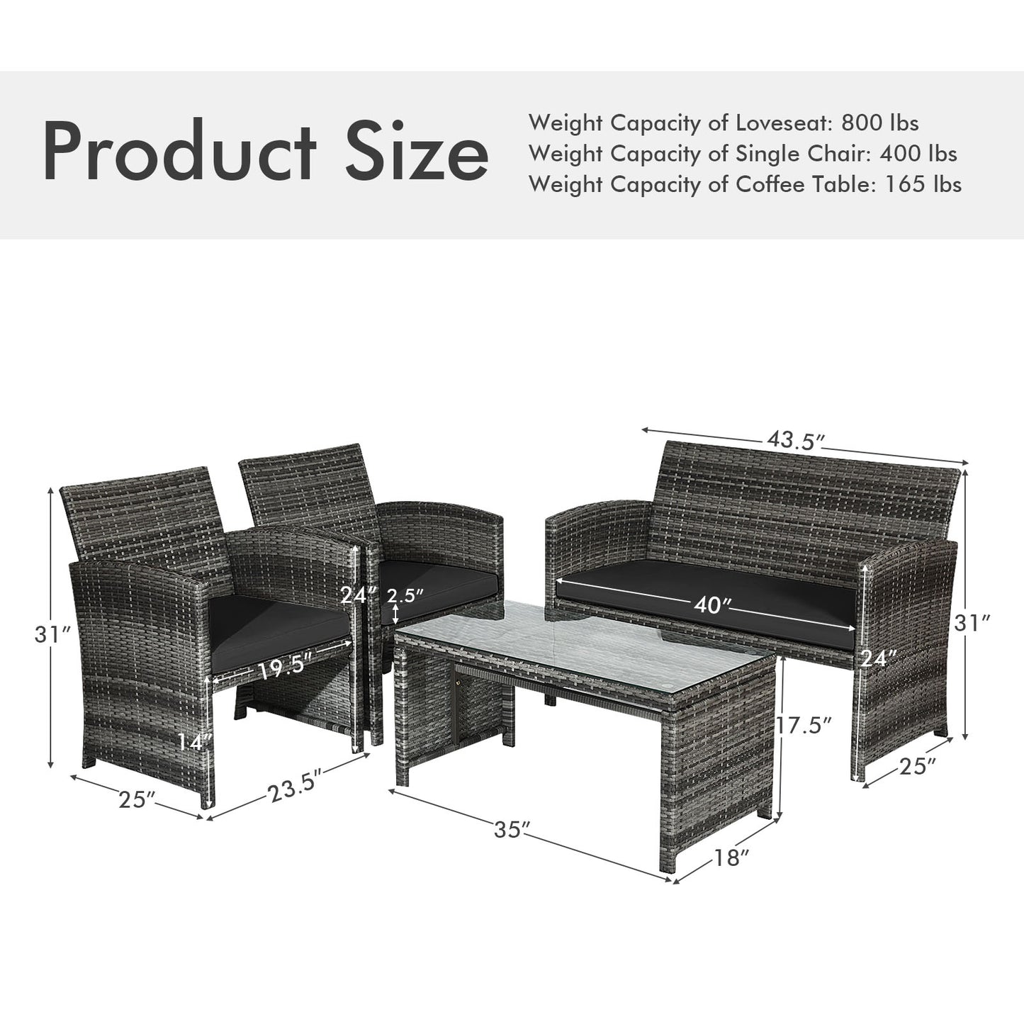 4 Pieces Patio Rattan Furniture Set with Glass Table and Loveseat-Gray