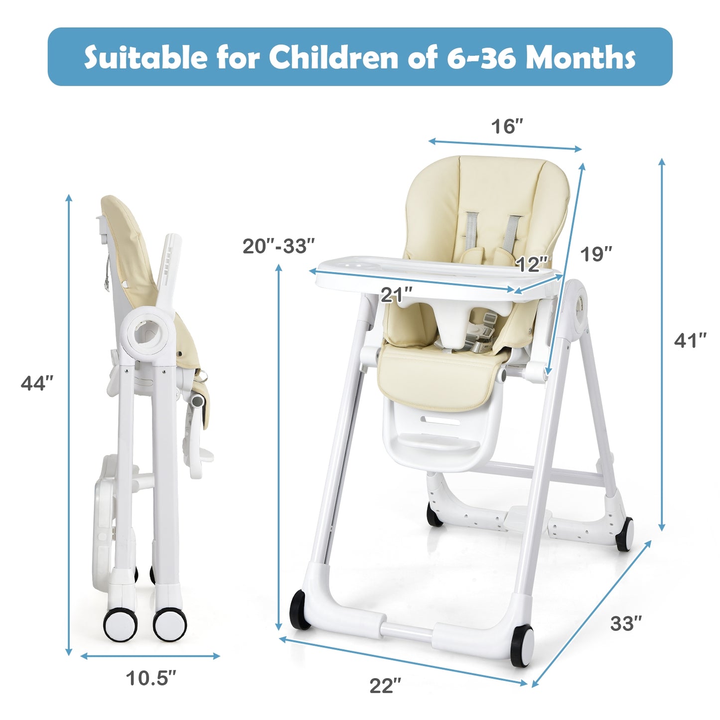 Baby Folding Convertible High Chair with Wheels and Adjustable Height-Beige