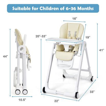 Baby Folding Convertible High Chair with Wheels and Adjustable Height-Beige