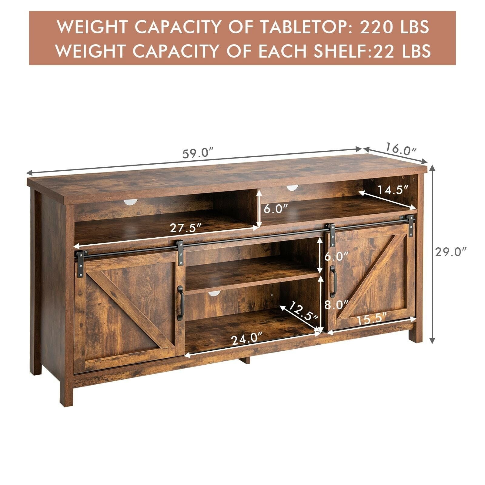 59 Inch Sliding Barn Door TV Stand with Adjustable Shelves for TVs up to 65 Inch