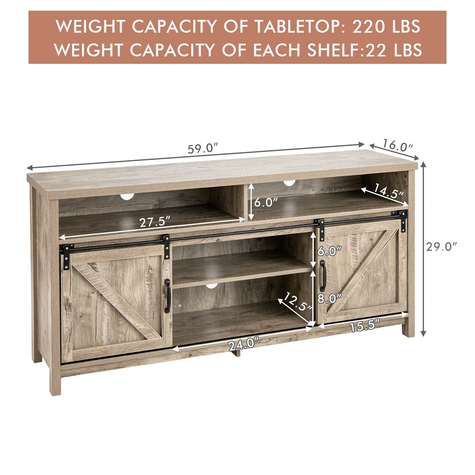 59 Inch Sliding Barn Door TV Stand with Adjustable Shelves for TVs up to 65 Inch