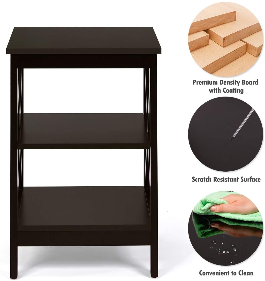 3-Tier X-Design Nightstands with Storage Shelves for Living Room Bedroom-Espresso
