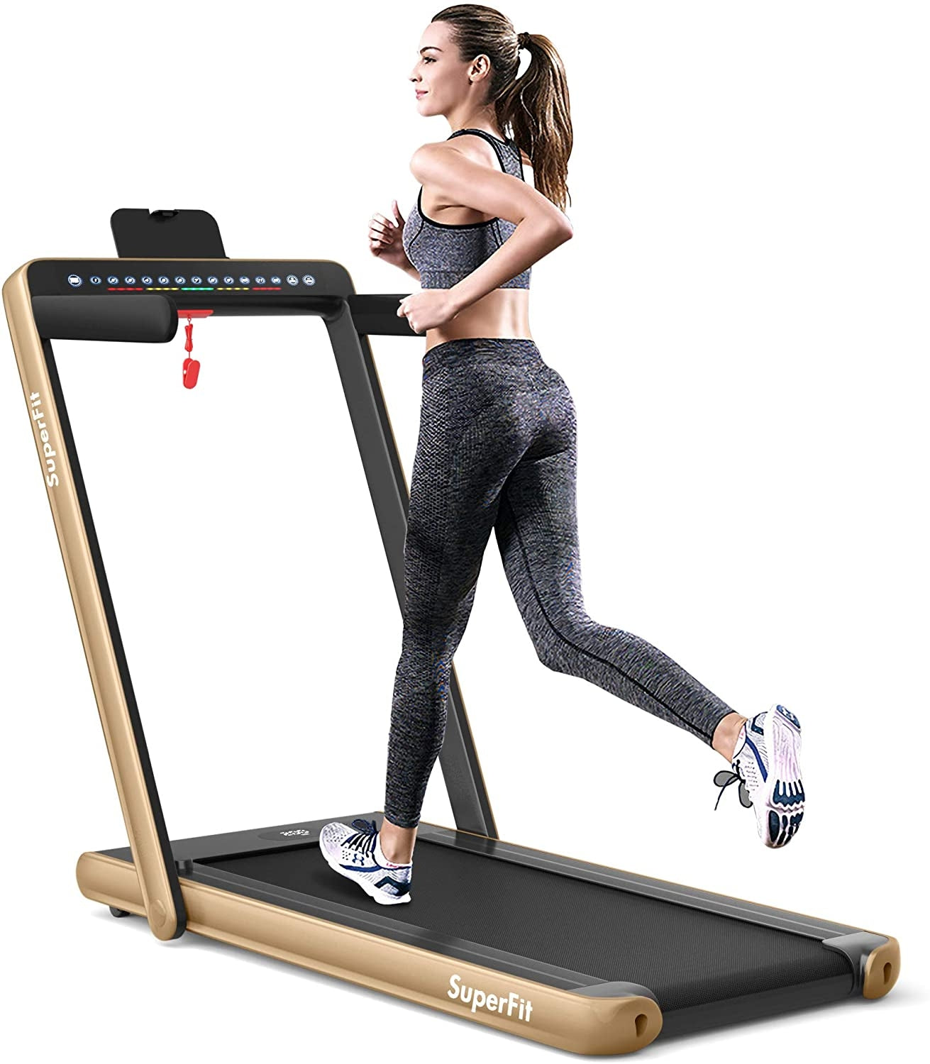 2-in-1 Electric Motorized Health and Fitness Folding Treadmill with Dual Display and Speaker-Yellow - Yellow