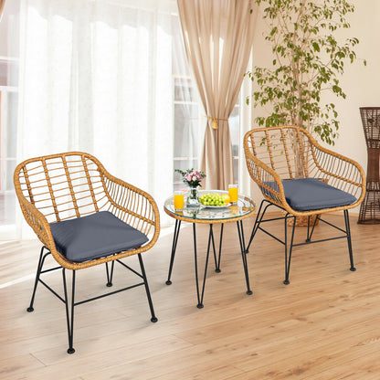 3 Pieces Rattan Furniture Set with Cushioned Chair Table-Black - Gray