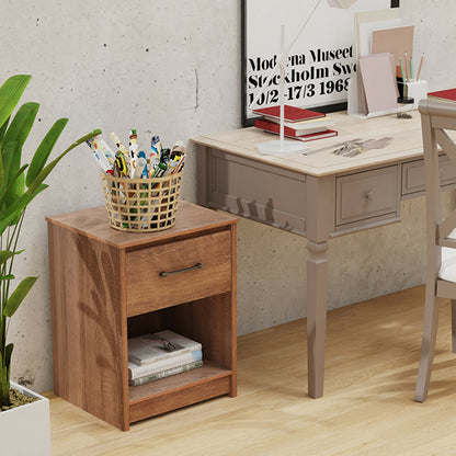 Wooden Nightstand with Drawer and Open Storage Compartment-Brown