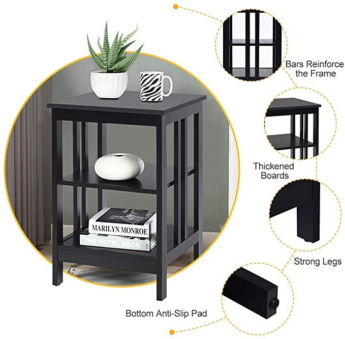 2 Pieces 3-Tier Nightstand with Reinforced Bars and Stable Structure-Black