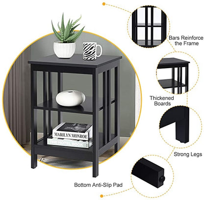 2 Pieces 3-Tier Nightstand with Reinforced Bars and Stable Structure-Black