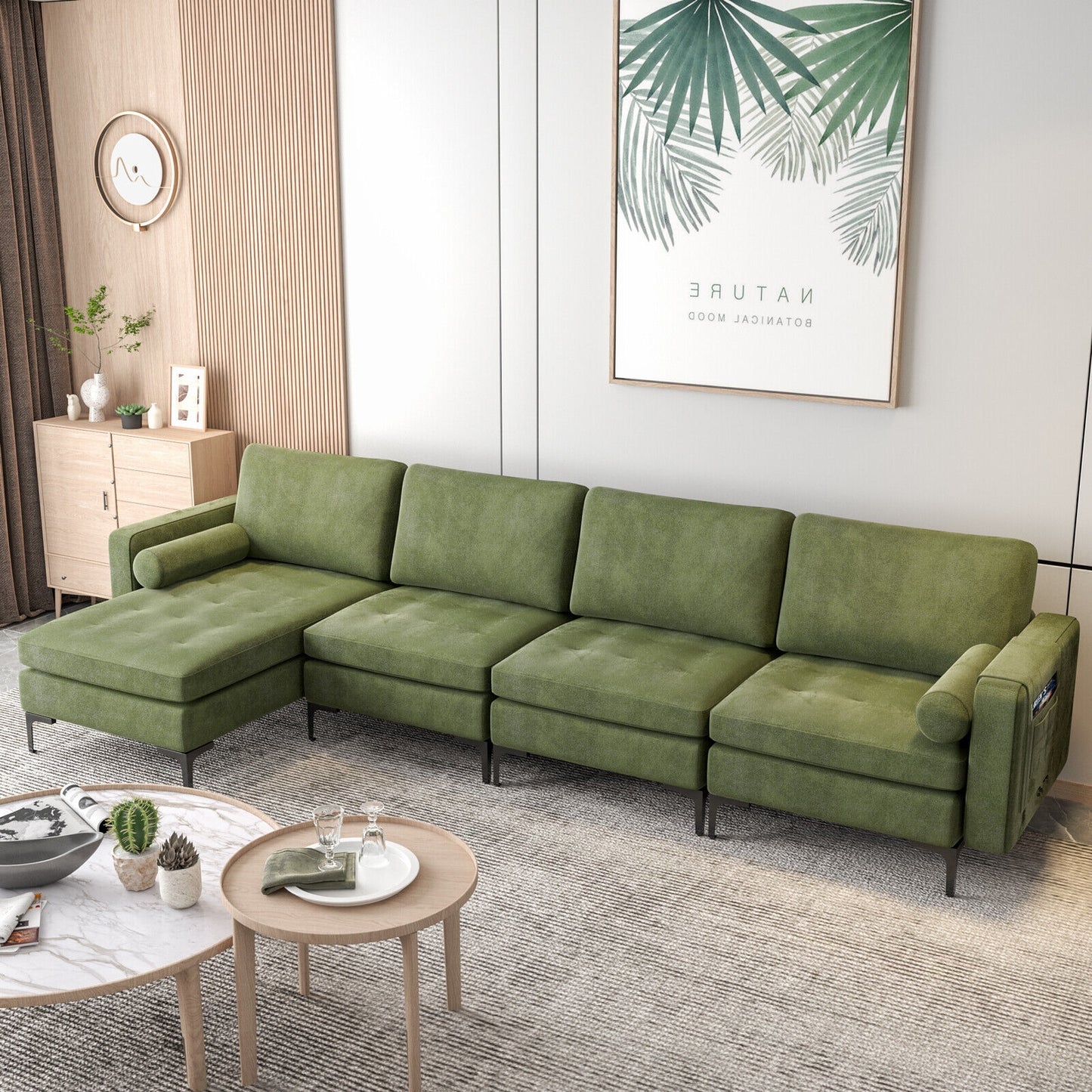 Modular L-shaped 4-Seat Sectional Sofa with Reversible Chaise and 2 USB Socket