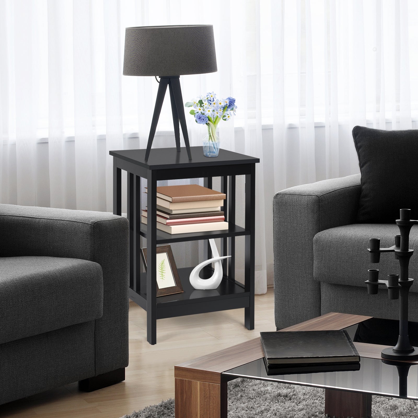 3-Tier Nightstand Sofa Side Table with Baffles and Round Corners-Black