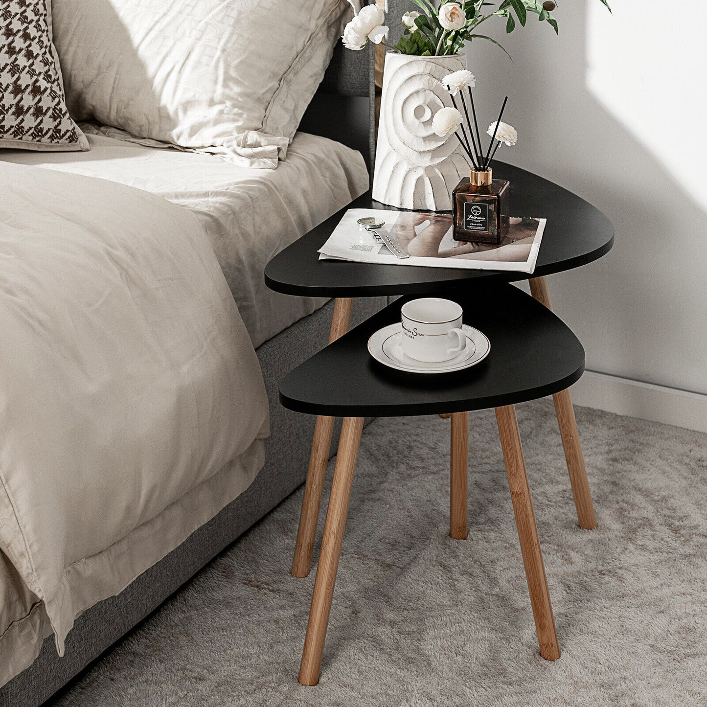 Set of 2 Modern Nesting Coffee Tables Triangular Tabletop Bamboo Legs