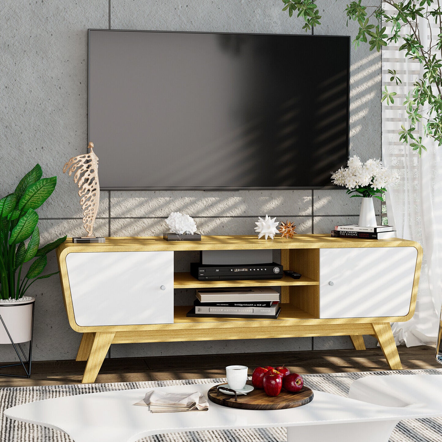 Sliding Door TV Stand with Adjustable Shelf for TVs up to 55 Inch-Natural