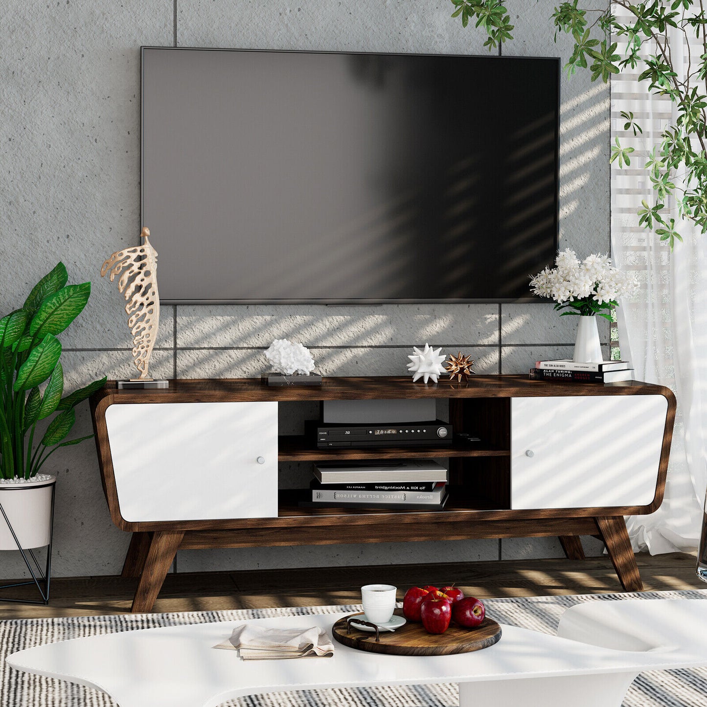 Sliding Door TV Stand with Adjustable Shelf for TVs up to 55 Inch-Walnut