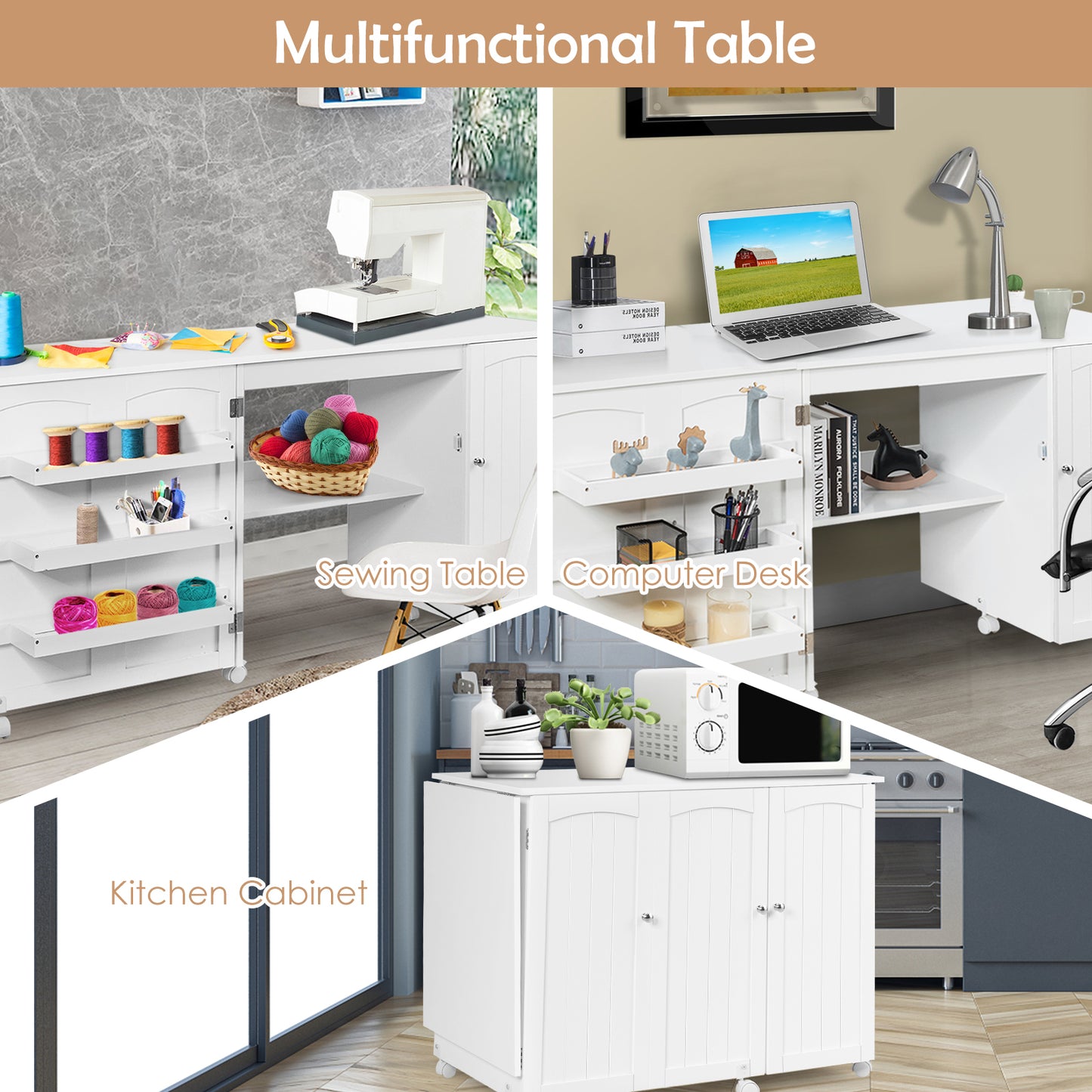 Folding Sewing Table Shelves Storage Cabinet Craft Cart with Wheels-White