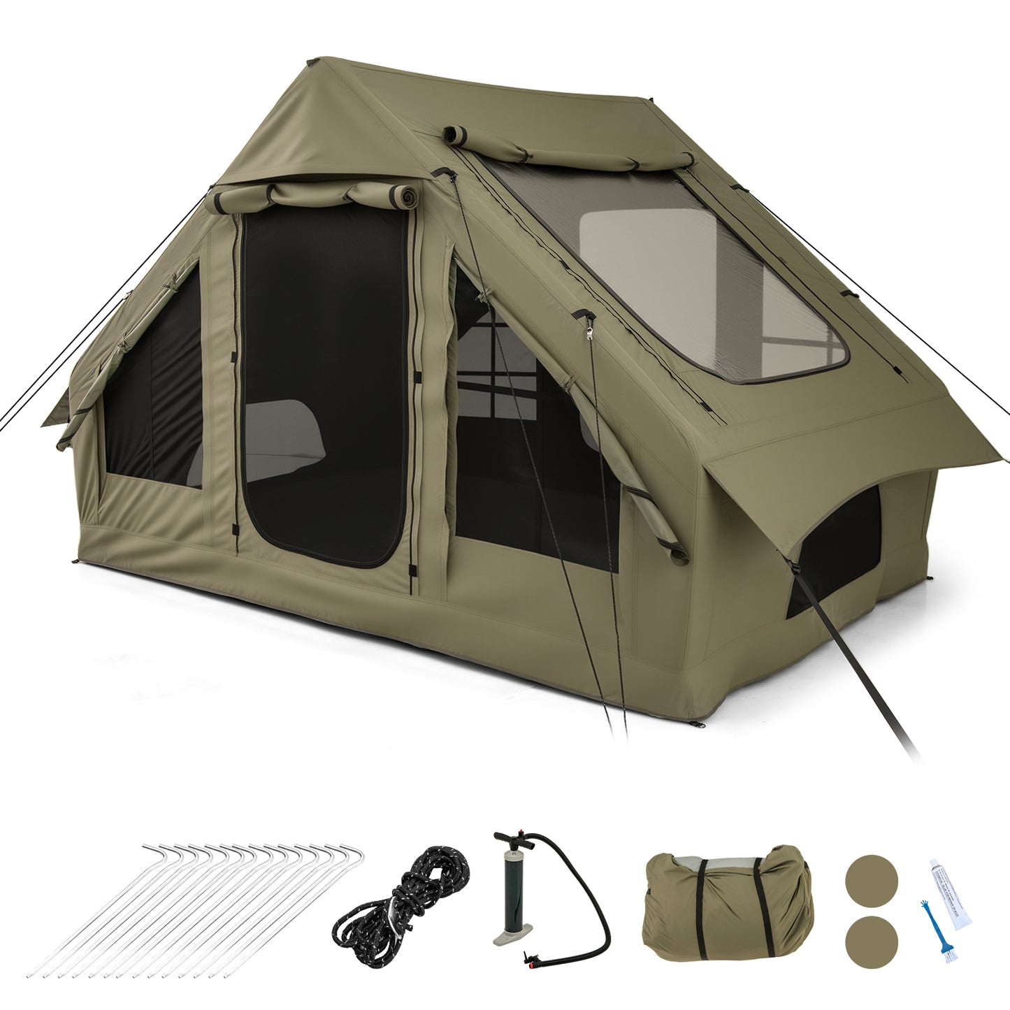 4-6 People Inflatable Camping Tent with 4 Mesh Screen Windows and 2 Doors-Green