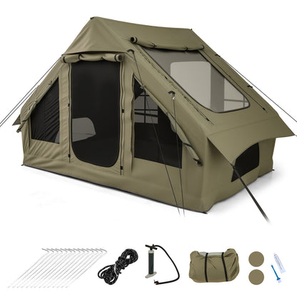 4-6 People Inflatable Camping Tent with 4 Mesh Screen Windows and 2 Doors-Green
