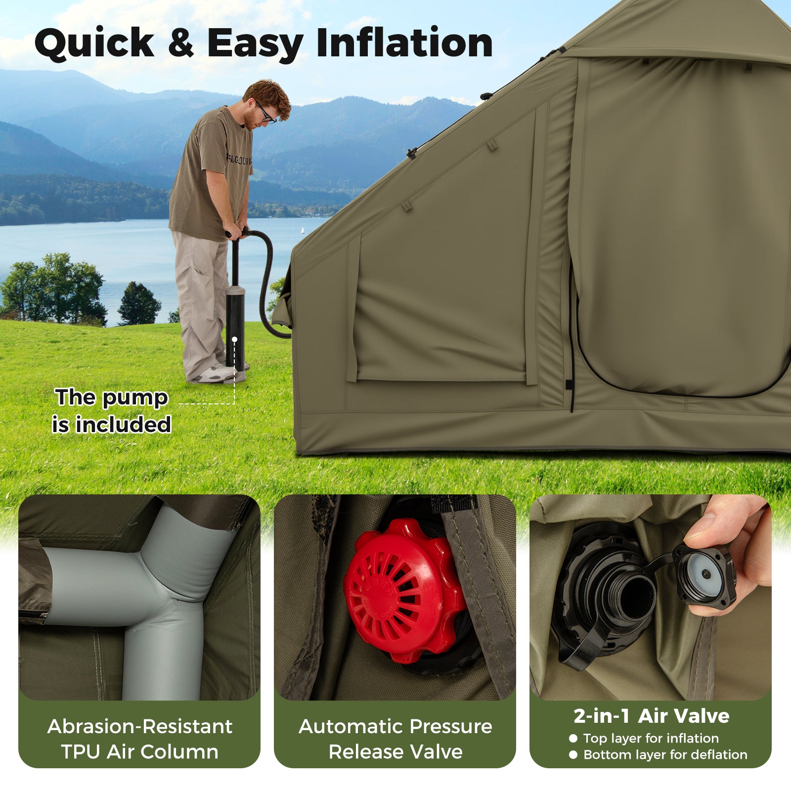 4-6 People Inflatable Camping Tent with 4 Mesh Screen Windows and 2 Doors-Green