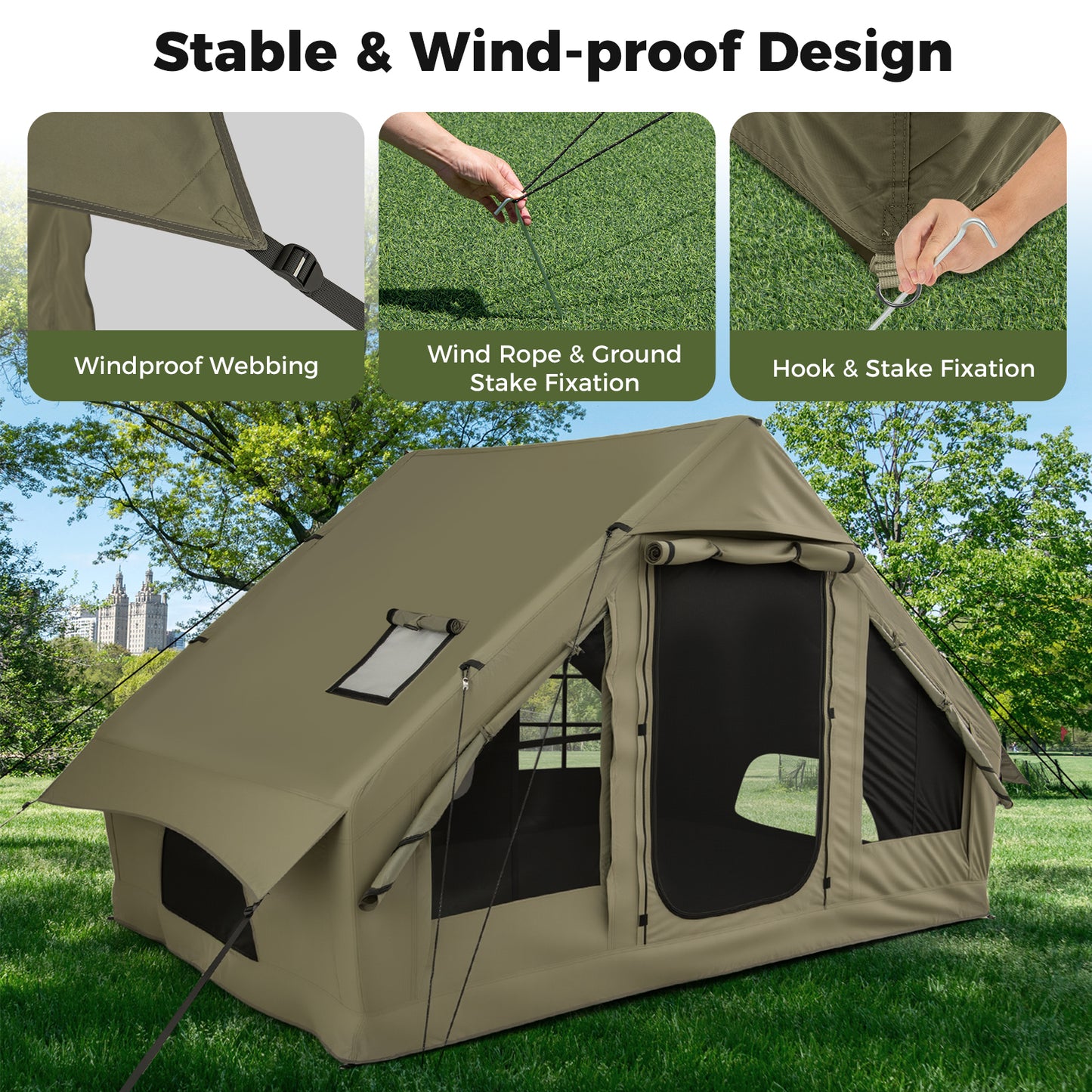 4-6 People Inflatable Camping Tent with 4 Mesh Screen Windows and 2 Doors-Green
