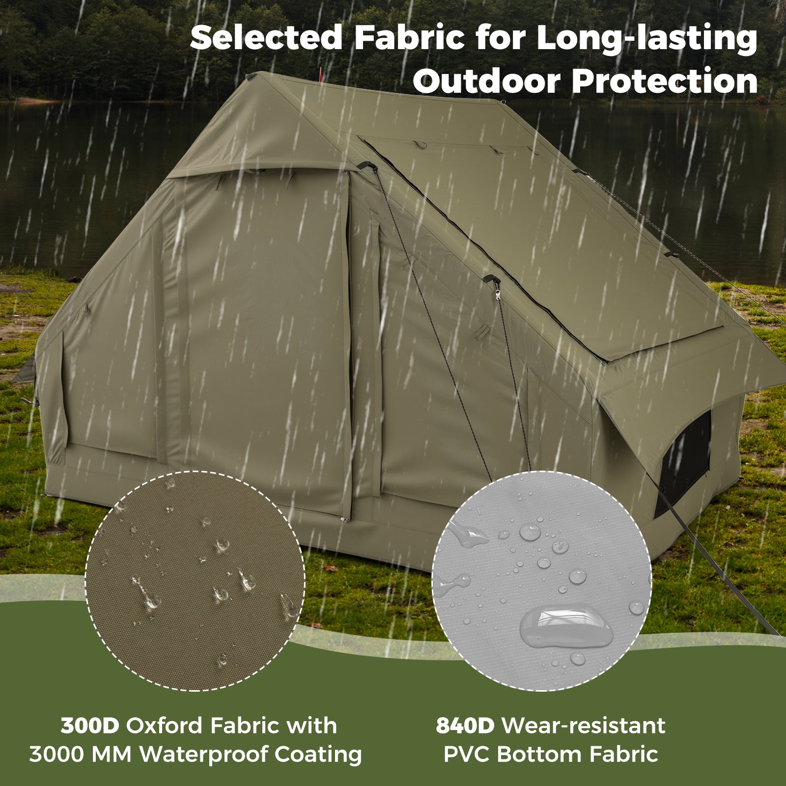 4-6 People Inflatable Camping Tent with 4 Mesh Screen Windows and 2 Doors-Green