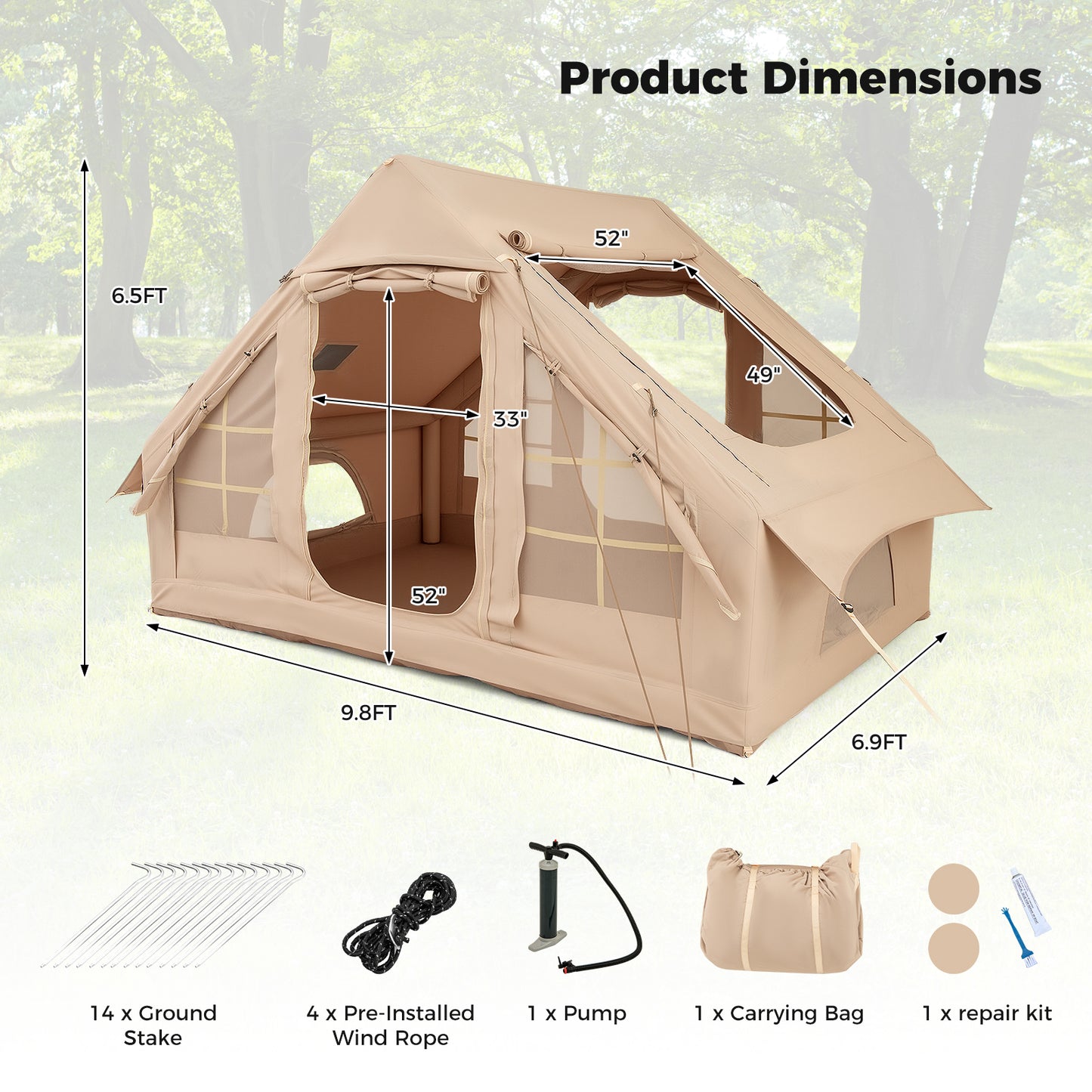 4-6 People Inflatable Camping Tent with 4 Mesh Screen Windows and 2 Doors-White