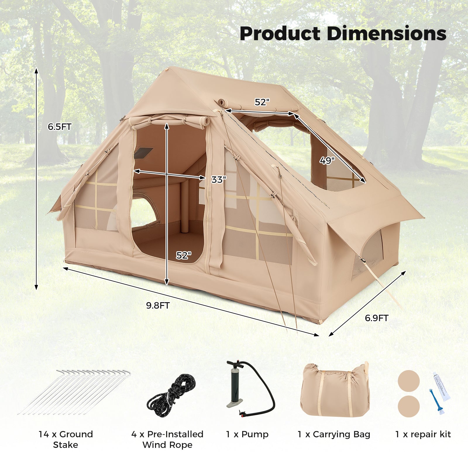 4-6 People Inflatable Camping Tent with 4 Mesh Screen Windows and 2 Doors-White