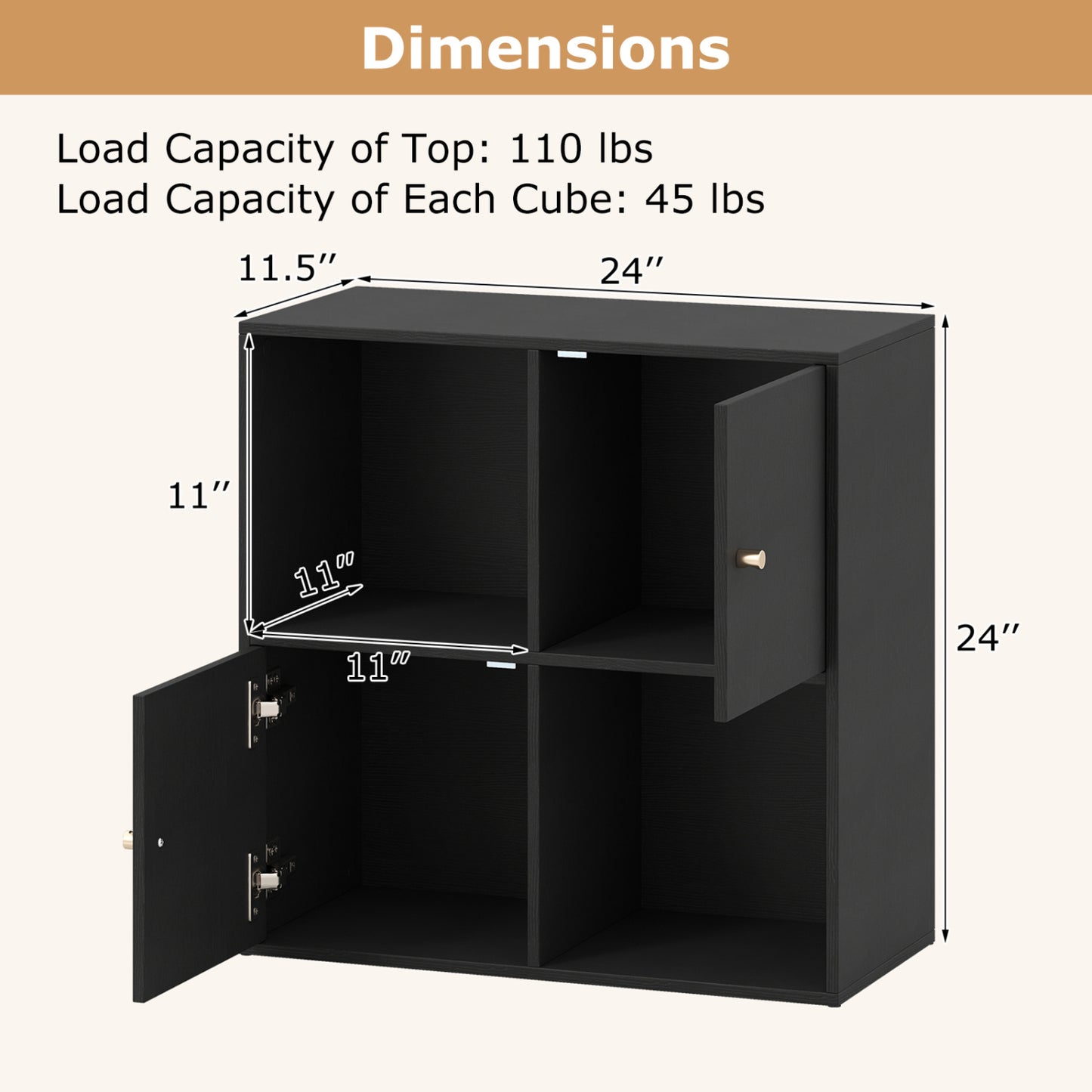 4-Cube Bookcase with 2 Cabinets and Anti-Tip Kit