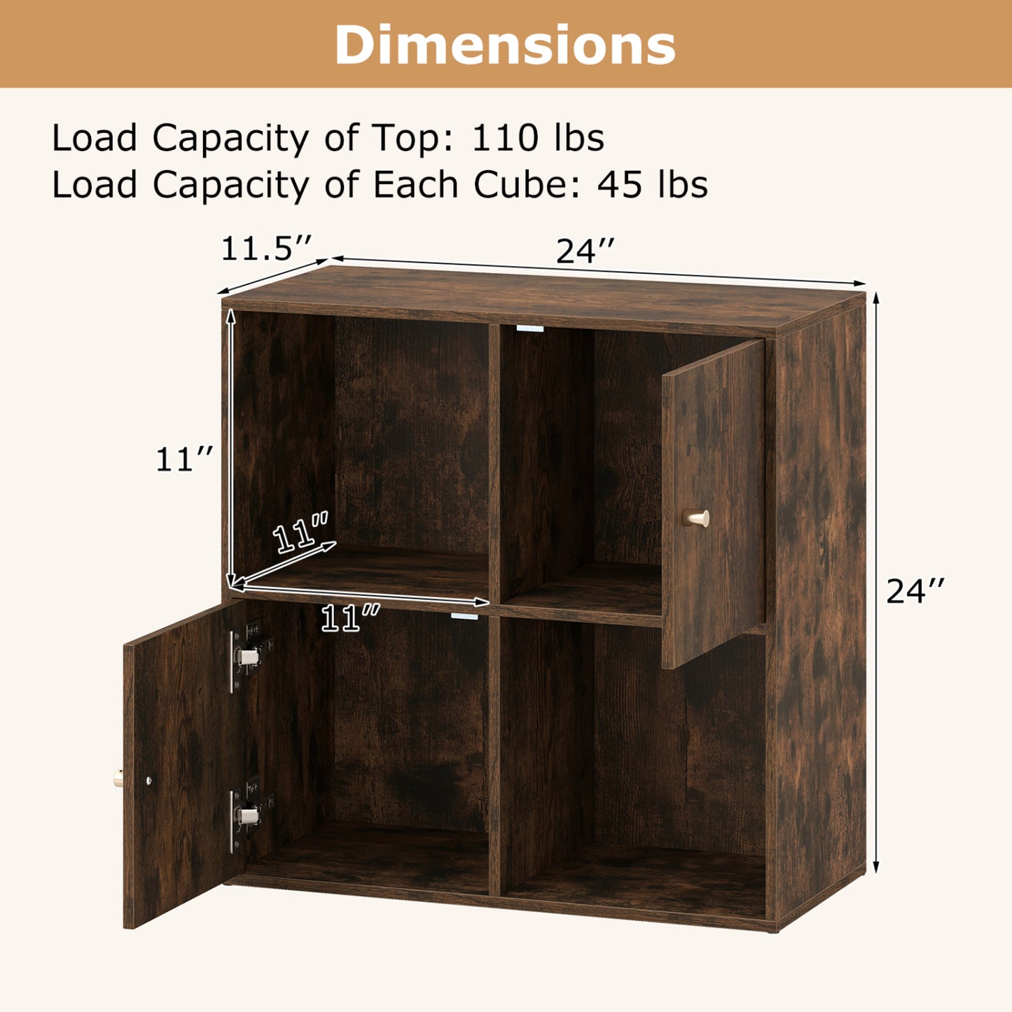 4-Cube Bookcase with 2 Cabinets and Anti-Tip Kit