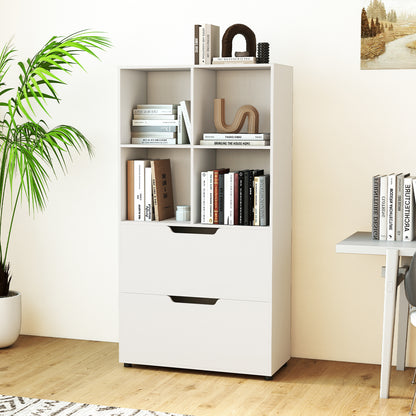 4-Cube Bookcase with 2 Drawers 51 inch 5-Tier Tall Freestanding Bookshelf-White