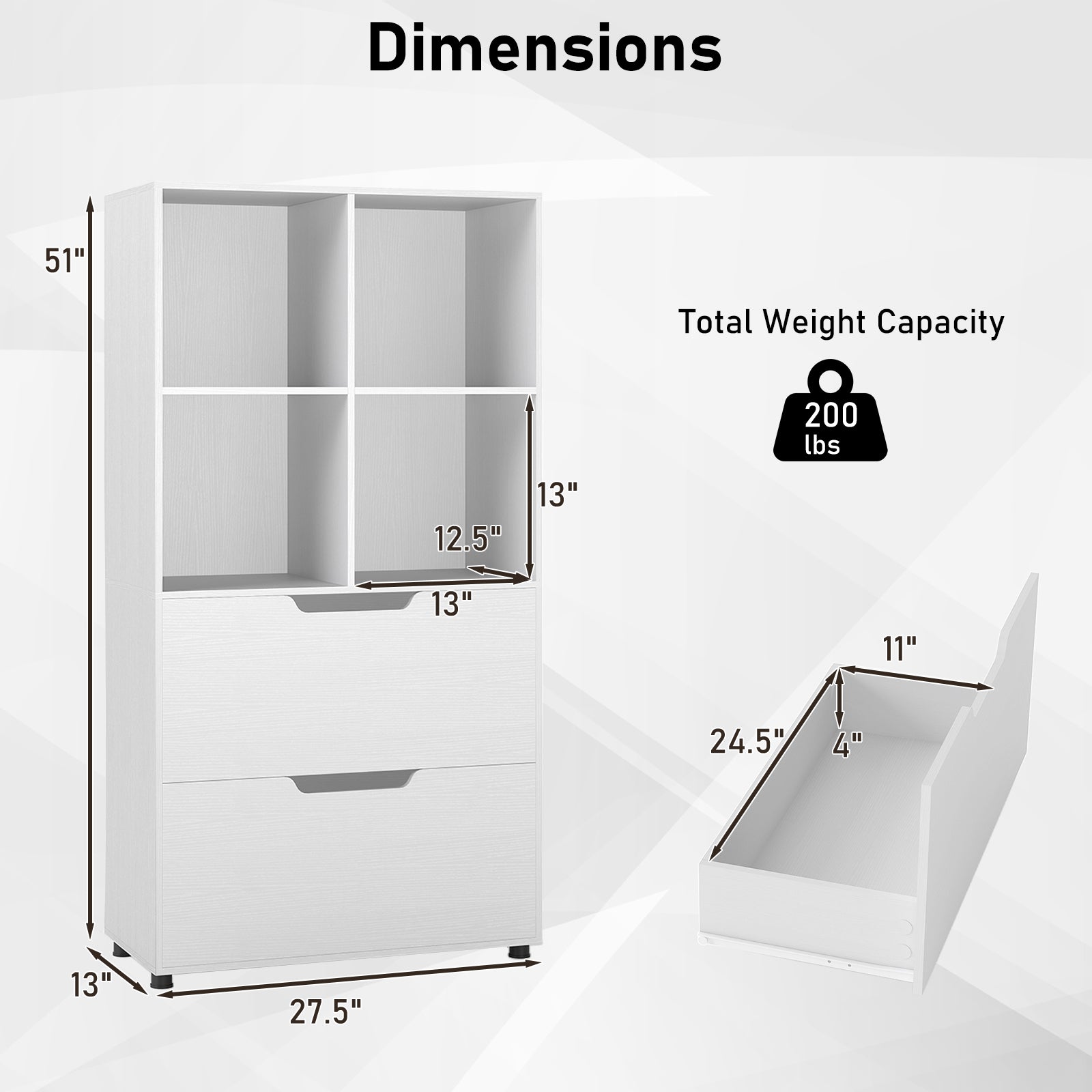 4-Cube Bookcase with 2 Drawers 51 inch 5-Tier Tall Freestanding Bookshelf-White