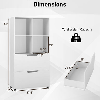 4-Cube Bookcase with 2 Drawers 51 inch 5-Tier Tall Freestanding Bookshelf-White