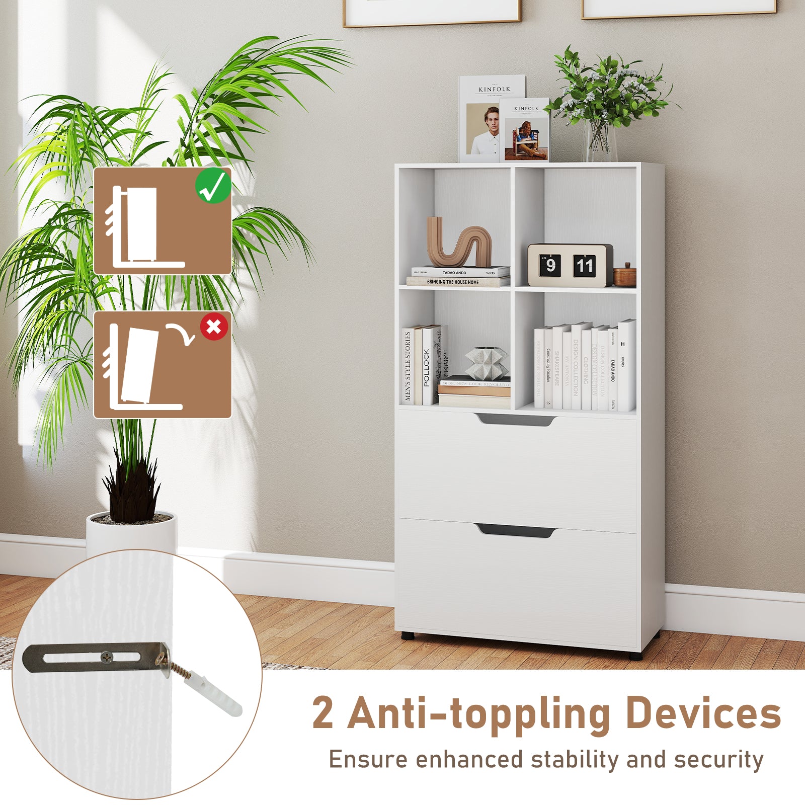 4-Cube Bookcase with 2 Drawers 51 inch 5-Tier Tall Freestanding Bookshelf-White