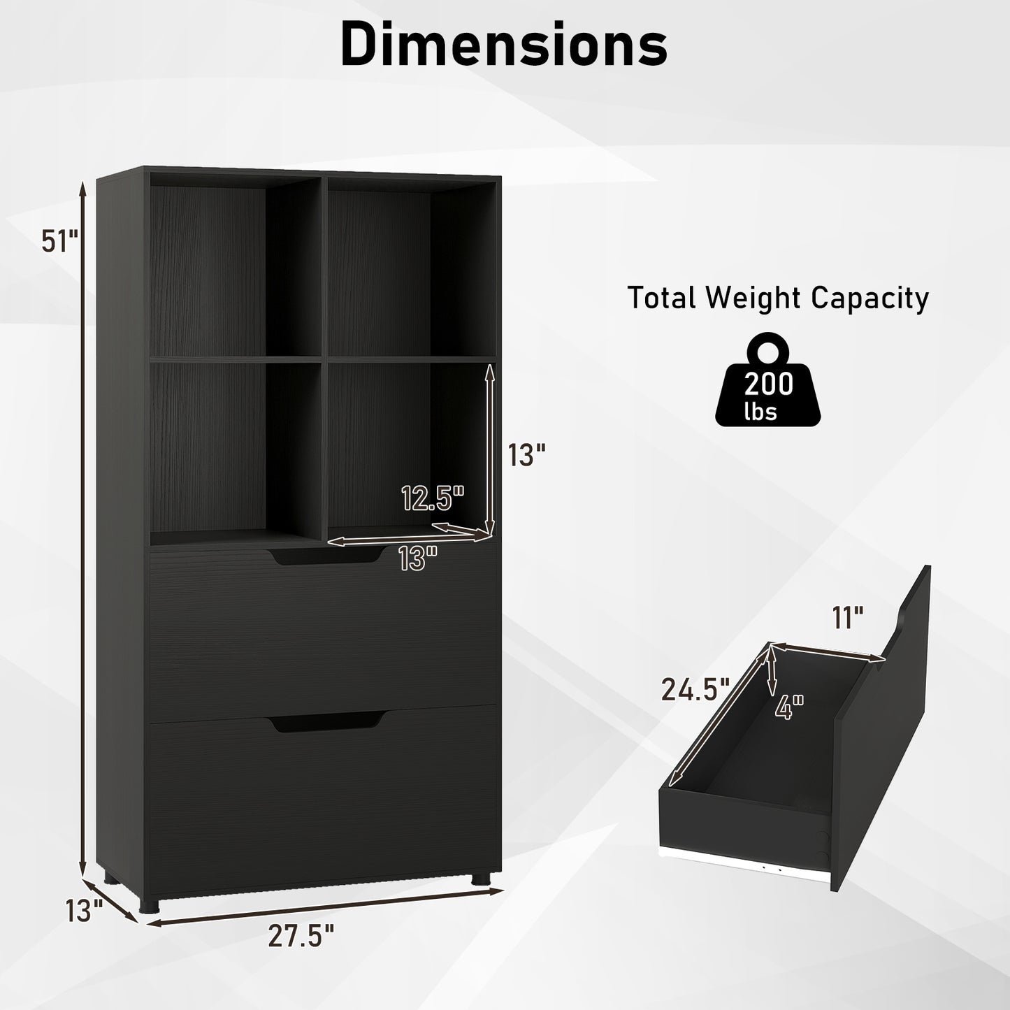 4-Cube Bookcase with 2 Drawers 51 inch 5-Tier Tall Freestanding Bookshelf-Black