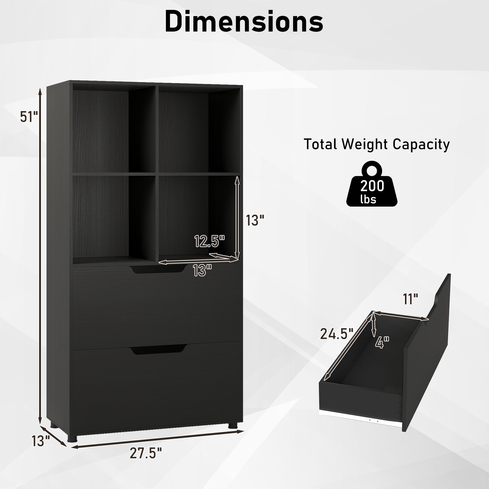 4-Cube Bookcase with 2 Drawers 51 inch 5-Tier Tall Freestanding Bookshelf-Black