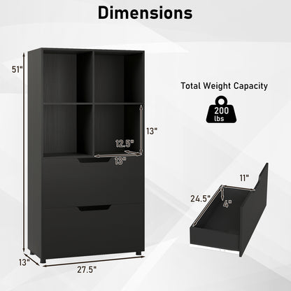 4-Cube Bookcase with 2 Drawers 51 inch 5-Tier Tall Freestanding Bookshelf-Black