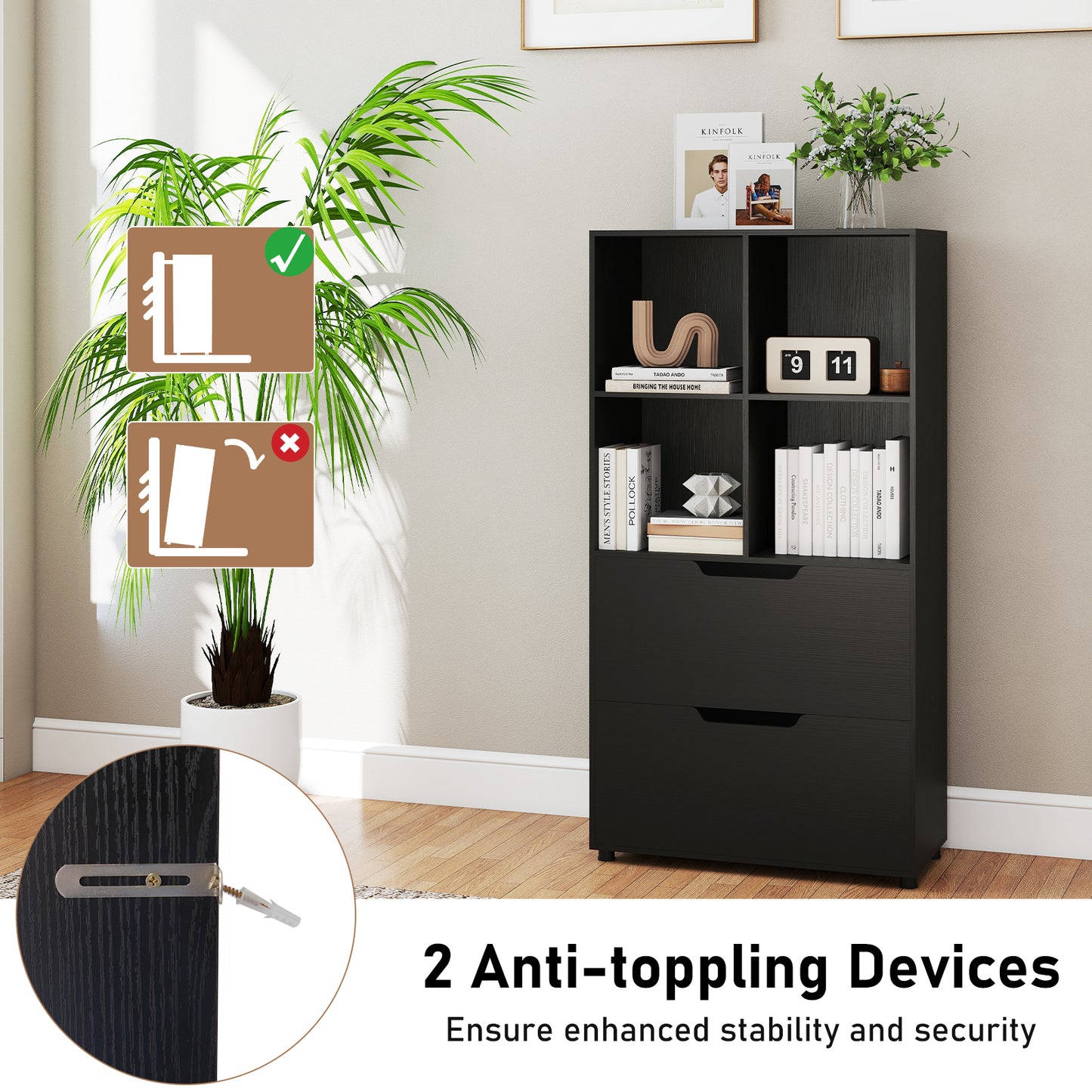 4-Cube Bookcase with 2 Drawers 51 inch 5-Tier Tall Freestanding Bookshelf-Black