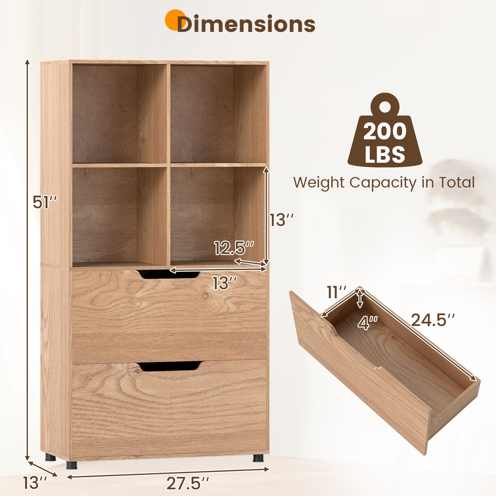 4-Cube Bookcase with 2 Drawers 51 inch 5-Tier Tall Freestanding Bookshelf-Natural
