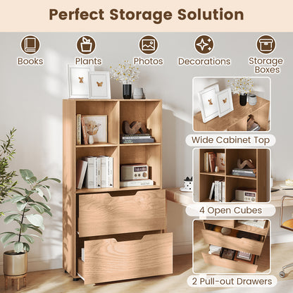 4-Cube Bookcase with 2 Drawers 51 inch 5-Tier Tall Freestanding Bookshelf-Natural