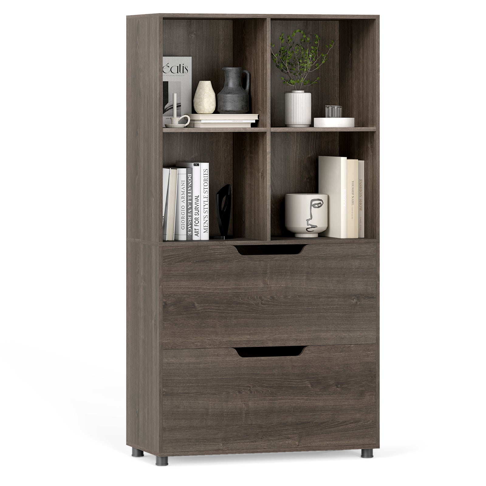 4-Cube Bookcase with 2 Drawers 51 inch 5-Tier Tall Freestanding Bookshelf-Gray
