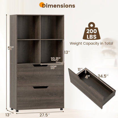 4-Cube Bookcase with 2 Drawers 51 inch 5-Tier Tall Freestanding Bookshelf-Gray