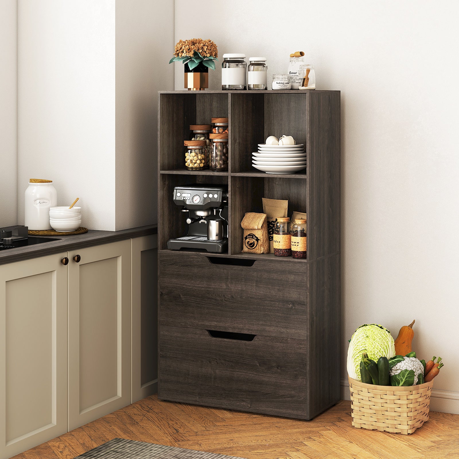 4-Cube Bookcase with 2 Drawers 51 inch 5-Tier Tall Freestanding Bookshelf-Gray