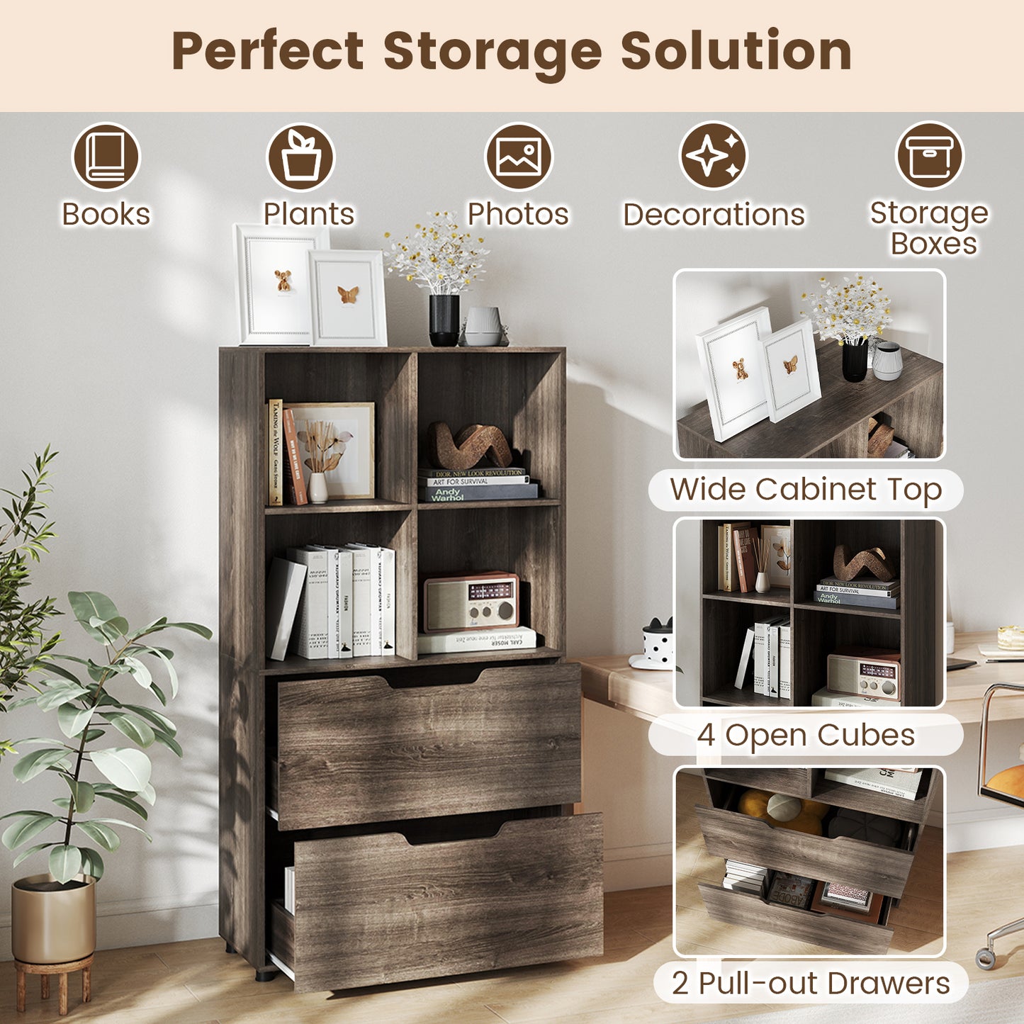 4-Cube Bookcase with 2 Drawers 51 inch 5-Tier Tall Freestanding Bookshelf-Gray