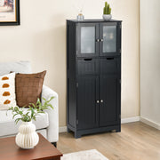 4 Door Freestanding Bathroom Floor Storage Cabinet with 2 Drawers and Glass Doors-Black